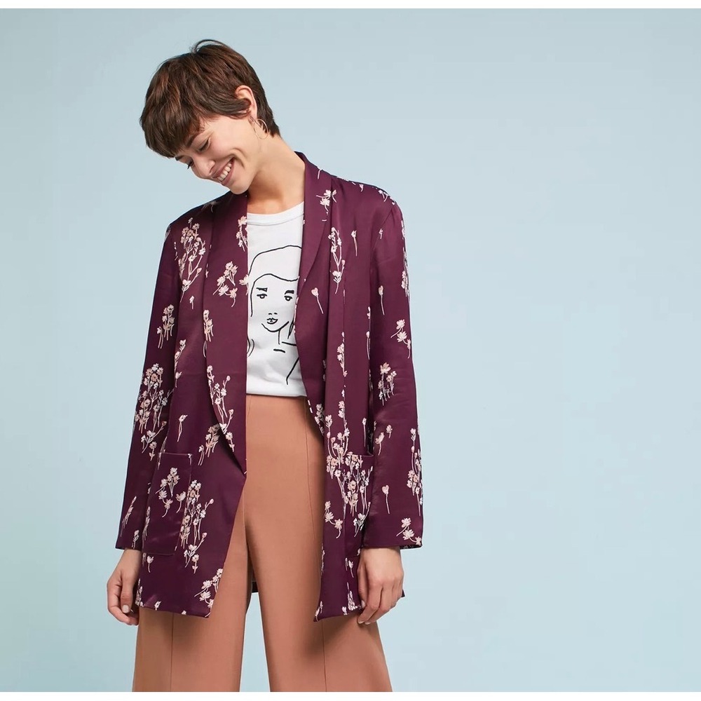 Ett Twa Tavie Anthropologie Burgundy Floral Open Front Blazer Jacket Small